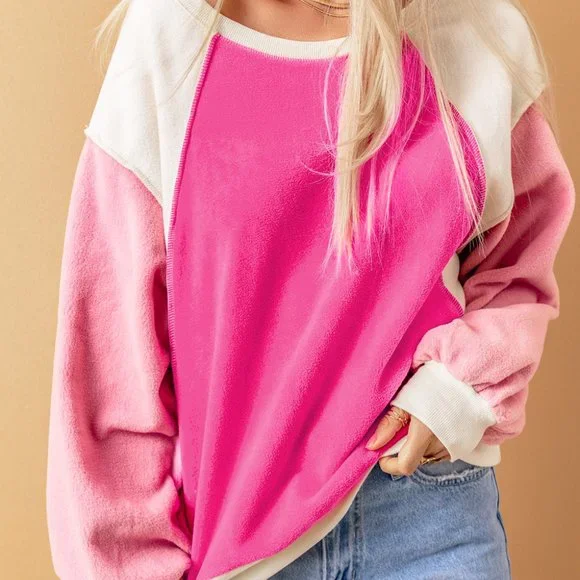 Rose Colorblock Long Sleeve Pullover Fleece Sweatshirt - Picture 7 of 16